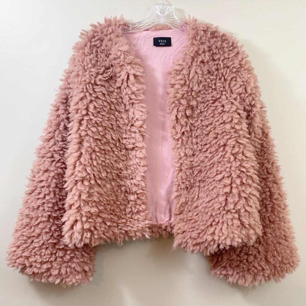 Vici Faux Fur Shag Mauve Pink Crop Bell Sleeve Jacket